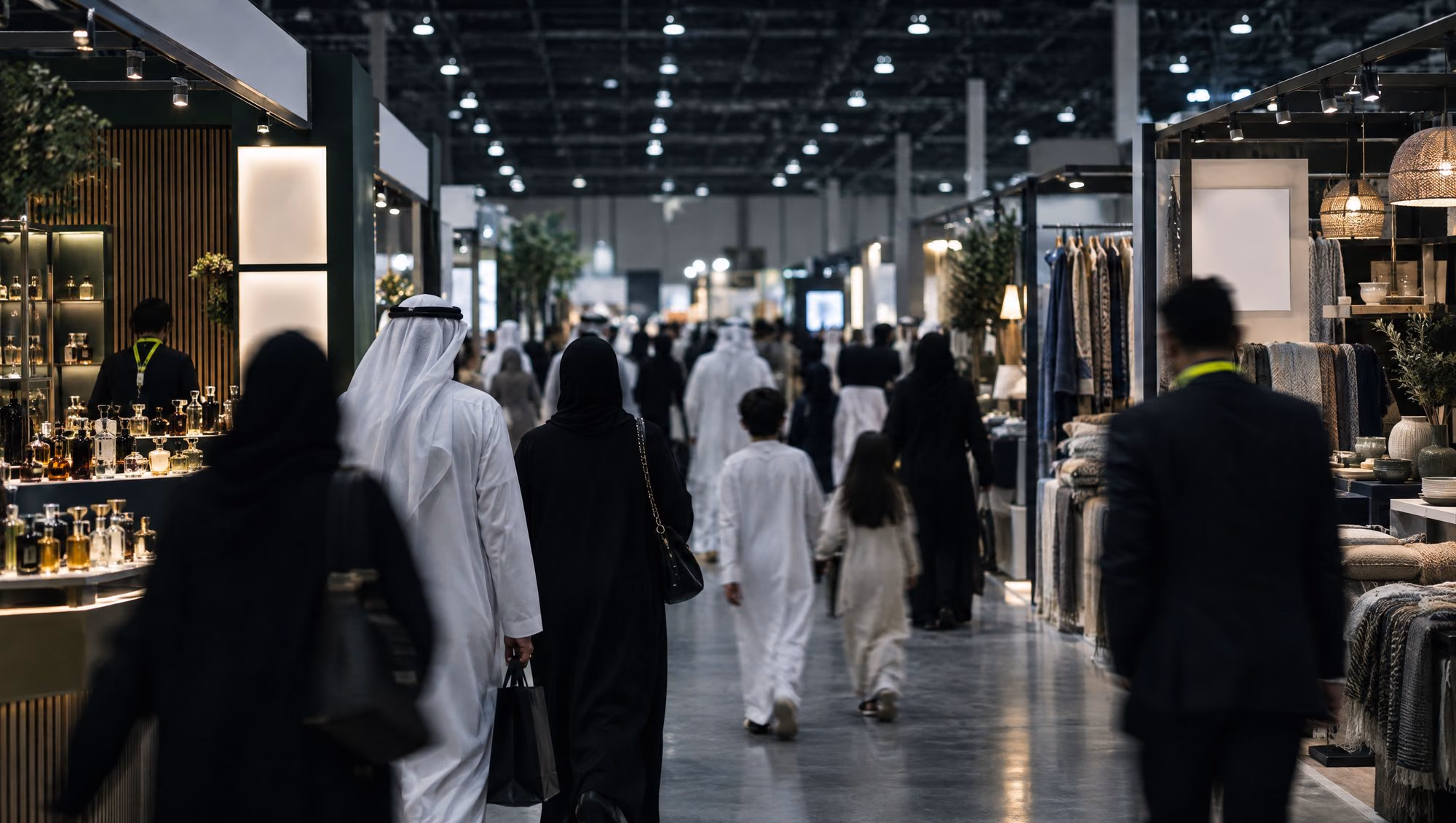 Families walking down an aisle of stalls at a busy consumer fair