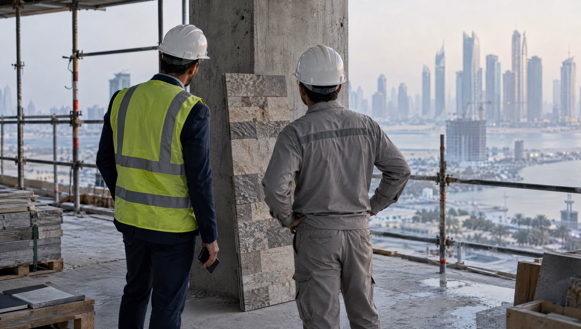 A sales representative in a high-visibility vest and a site engineer looking at a stone sample on an unfinished floor of a building under construction