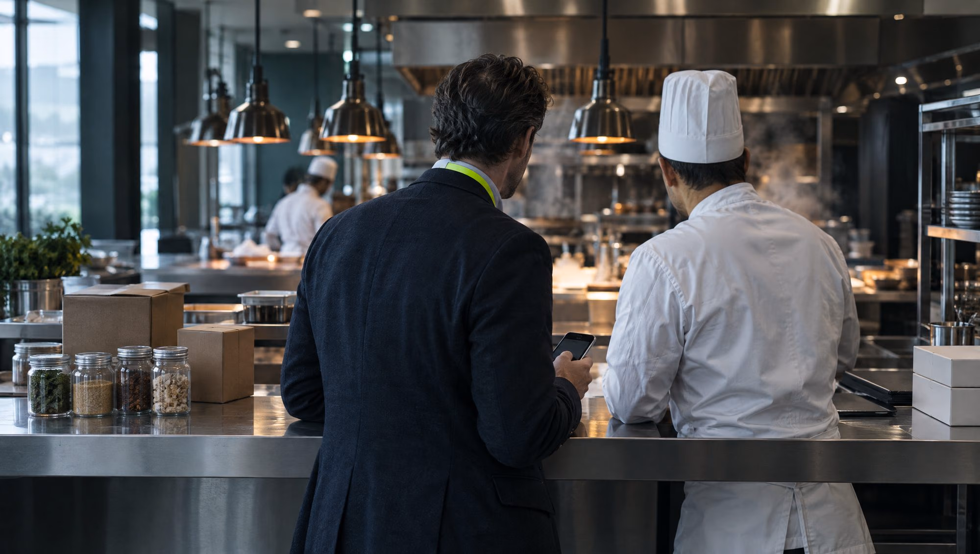 A food distributor's representative with a phone talking to a chef at the pass of a restaurant kitchen, with sample jars on the counter