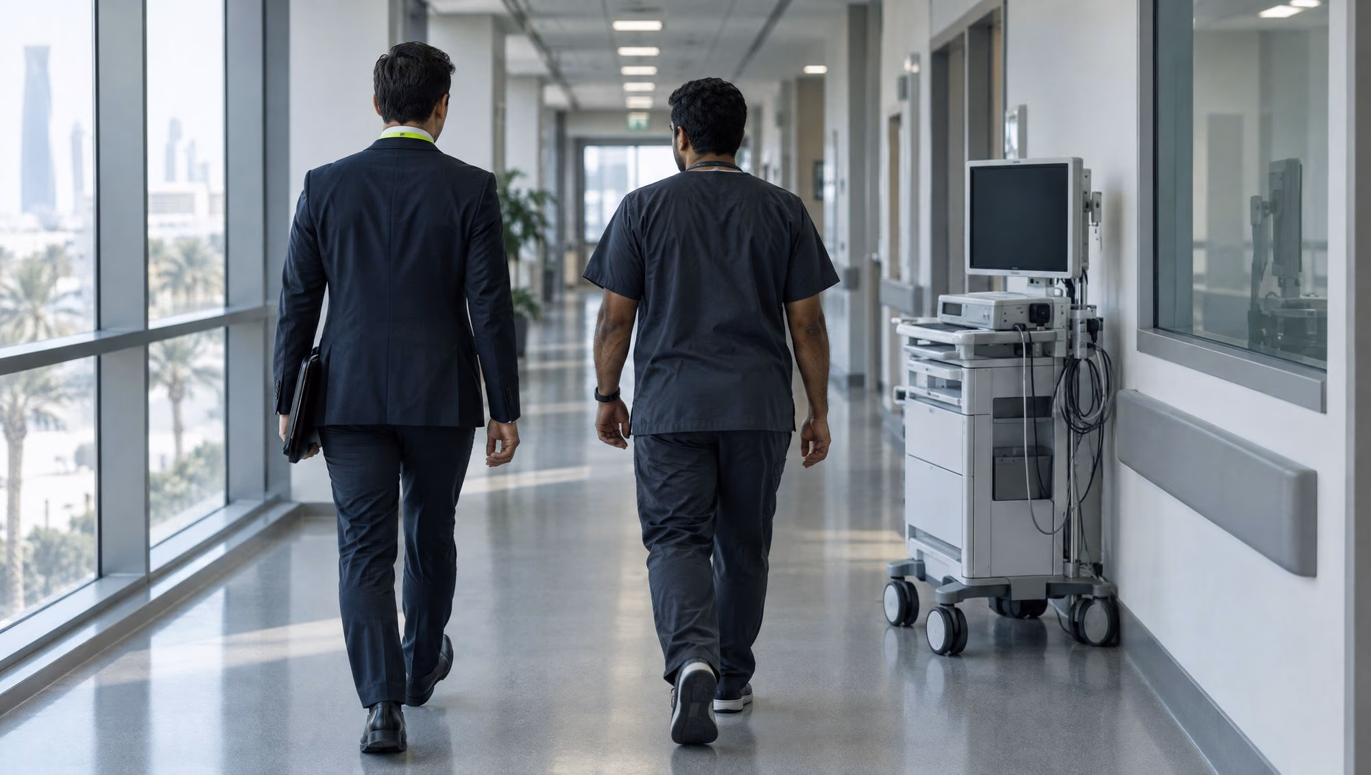 A sales representative walking along a hospital corridor with a biomedical engineer, past an equipment trolley