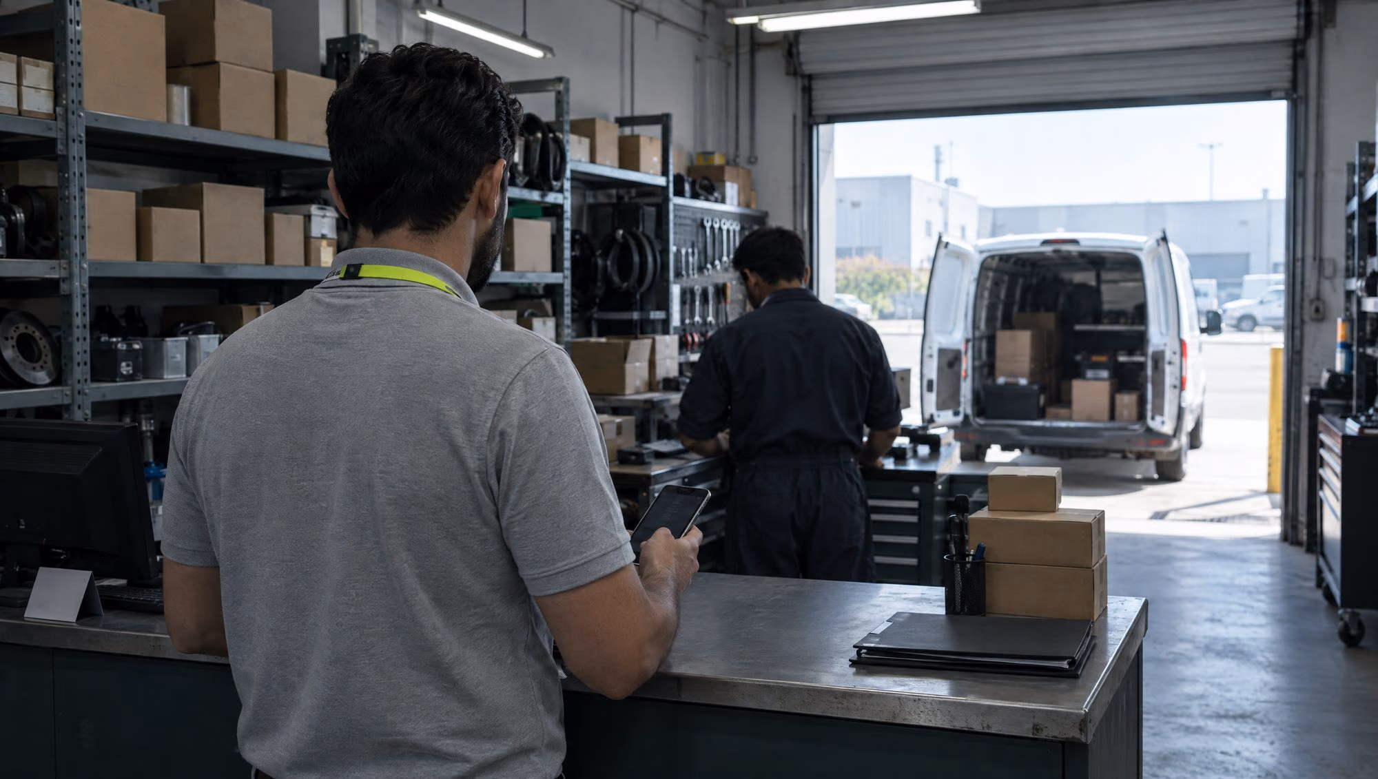 A parts sales representative holding a phone at the counter of a workshop, with shelves of boxed parts and a van outside