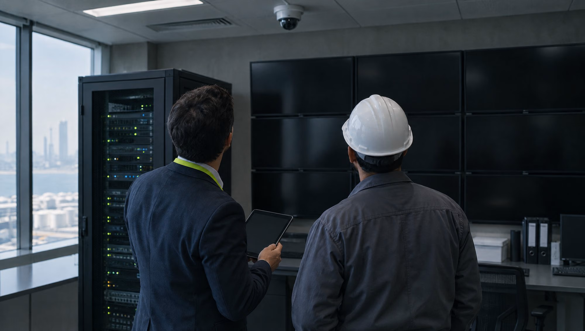 A security systems engineer with a tablet and a facility manager looking up at a ceiling camera in a control room
