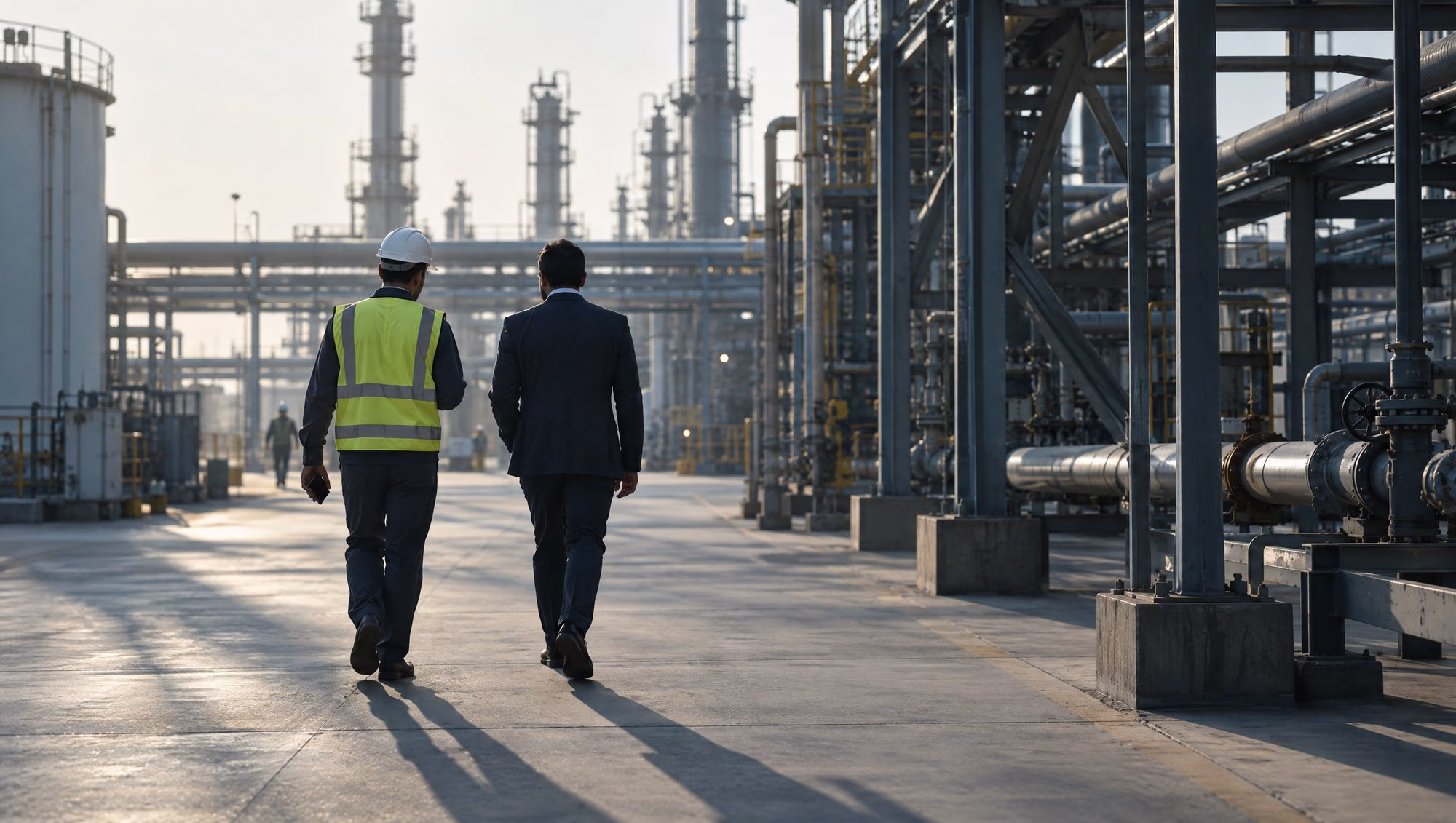 A sales engineer in a hard hat and high-visibility vest walking through an industrial plant with a customer