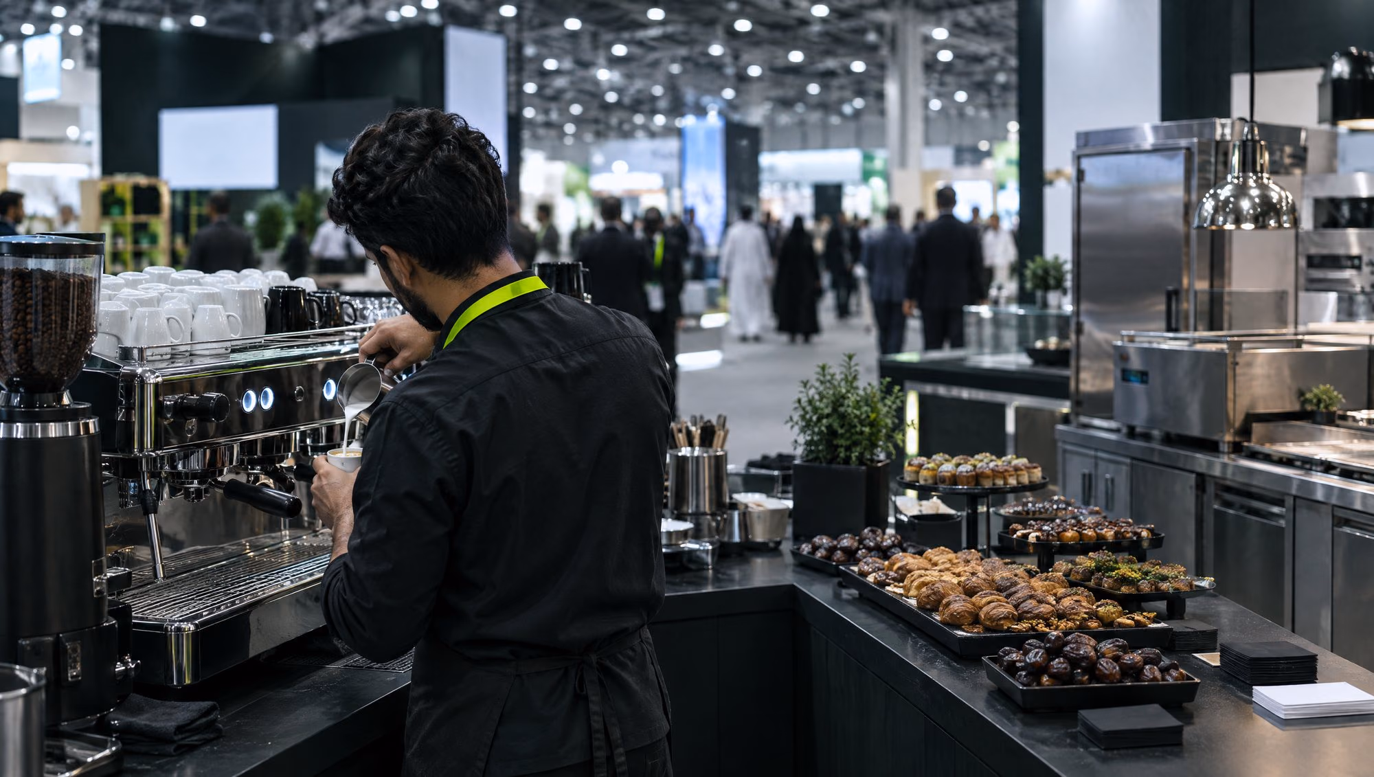 A barista at an espresso machine on a food and hospitality exhibition stand, beside trays of dates and pastries
