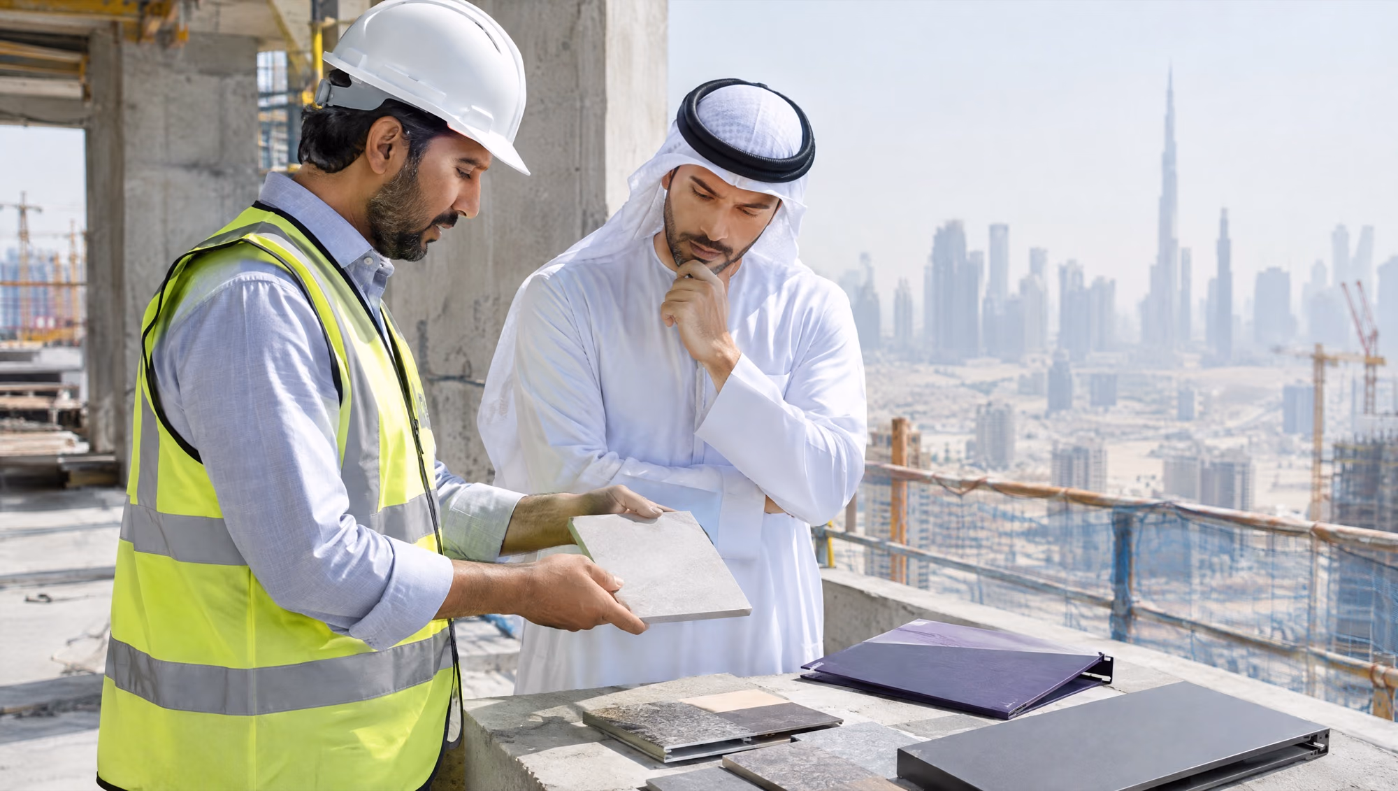 A supplier's sales engineer in a hard hat showing tile samples to a site engineer on a building under construction